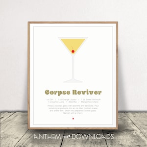 Corpse Reviver Print - Plakat koktajlowy - Sztuka jedzenia i napojów - Dekoracja wózka barowego - Pliki cyfrowe - Natychmiastowe pobranie