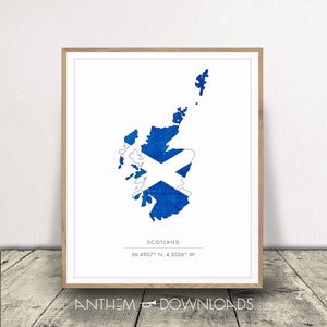 Affiche de l'Écosse avec impression du pays et du drapeau de l'Écosse avec les coordonnées pour une décoration murale patrimoniale et un cadeau de famille Art téléchargeable instantanément !