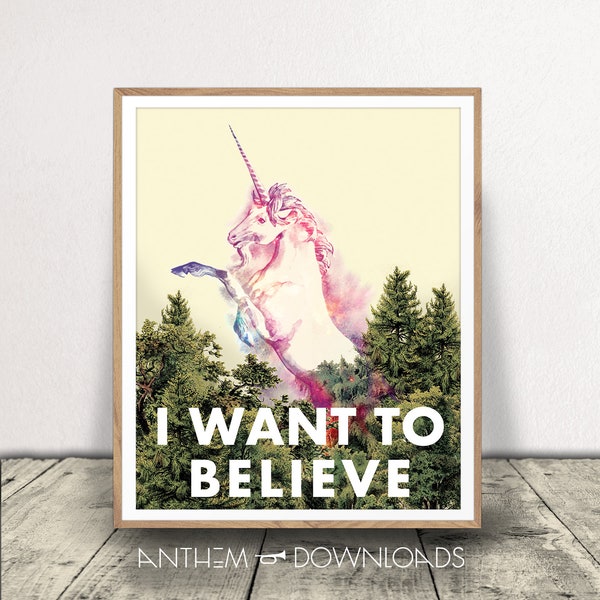 I Want To Believe Poster - Magical Unicorn Art Print - UFO Parody Poster - Humorous Wall Art - Kitschy Decor - Funny Gift - Instant Download