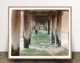 Arte mural de casa de playa - Decoración oceánica y costera - Impresión artística de muelle oceánico - Póster de olas de playa - Descarga instantánea