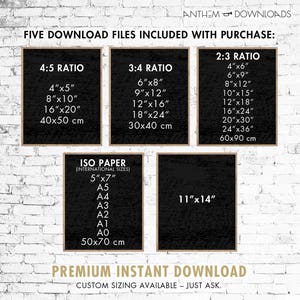 May include: A digital download listing for printable art prints in various aspect ratios, including 4:5, 3:4, and 2:3. The image shows the different sizes available in inches and centimeters. The listing also includes ISO paper sizes in inches and centimeters. The text "Premium Instant Download" and "Custom Sizing Available - Just Ask" is included.