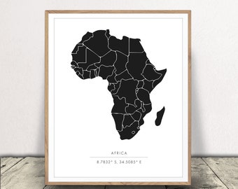 Africa Print - African Countries Map - Black and White - Minimalist Wall Art - Africa Coordinates Poster - Printable Instant Download