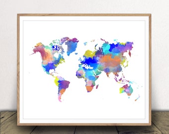 Colorful Watercolor World Map Poster INSTANT DOWNLOAD