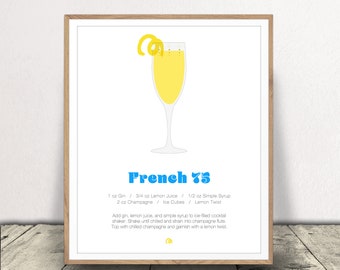 French 75 Print - Cocktail Poster - Food and Drink Art - Bar Cart Decor - Digital Files - Instant Download