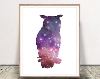 Cosmic Owl Art Print Galaxy Owl Silhouette Astrology Art Spirit Animal Poster Animal Totem Outer Space Art Poster Minimalist Wall Decor