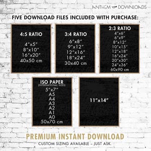 May include: Five printable digital download files for creating art prints. The files include different aspect ratios: 4:5, 3:4, and 2:3. Each ratio includes a range of sizes in inches and centimeters. The files also include international paper sizes: 5x7 inches, A5, A4, A3, A2, A1, and A0. The image shows a black background with white text.