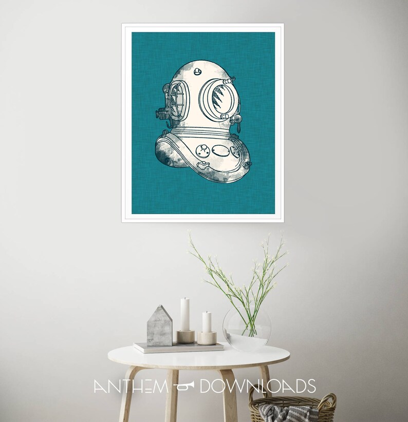 Deep Sea Diver Helmet Art Print - Nautical Wall Art - Beach House Decor ...