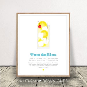 Tom Collins Print - Póster de cócteles - Arte de comida y bebida - Decoración del carrito del bar - Archivos digitales - Descarga instantánea