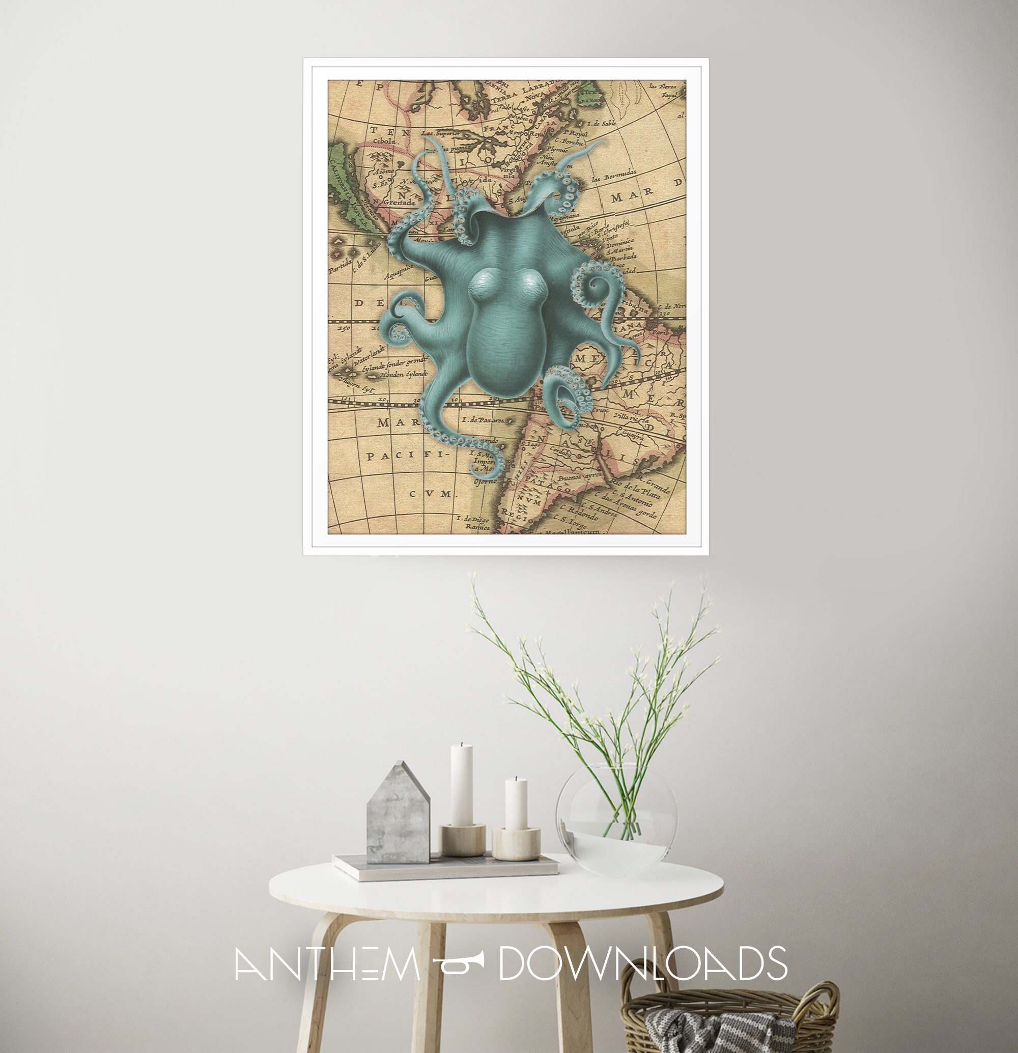 Octopus Nautical Map Art Print Nautical Art Vintage Style Map Beach