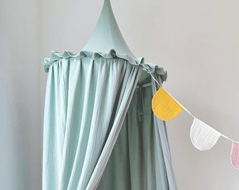 Dusty Mint Double Gauze Canopy with Frills - Green Cotton Crib Ruffled Baldachin