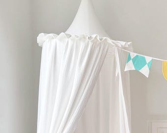 White Double Gauze Canopy with Frills - Ruffled Cotton Muslin Baldachin, France cottage Nursery decor