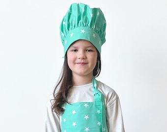 Kids Apron and Chef's Hat Set, Turquoise White Stars Bib Apron with Pockets, Cotton Pinafore, Cooking, Gardening, Kitchen Play, Toddler Gift