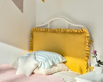 Ruffled Linen Headboard Cushion with Ties - Mustard Pink Blue Single Bed Padded Pillow with Frills