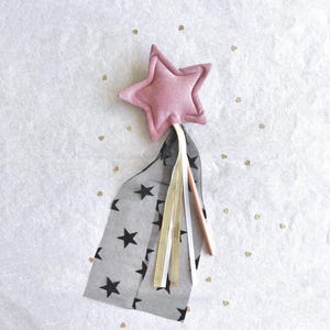 Dusty Pink Velvet Magic Star Wand – Black Tulle Kids Fairy Costume Accessory, Dress Up Prop