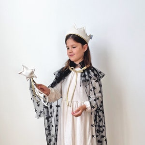 Magical Starry Tulle Cape, Kids Carnival Costume, Girl Boy Starry Night Wizard Cape, Fairytale Dress Up, Toddler Black Glitter Stars Capelet