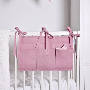 Dusty Rose Linen Crib Organizer, Pink Hanging Storage Bag, Padded Cot Organiser, Diapers Storage, Nursery Toy Bag, Linen Bedside Pocket