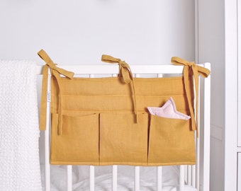 Mustard Linen Crib Organizer, Yellow Hanging Storage Bag, Padded Cot Organiser, Diapers Storage, Nursery Toy Bag, Linen Bedside Pocket