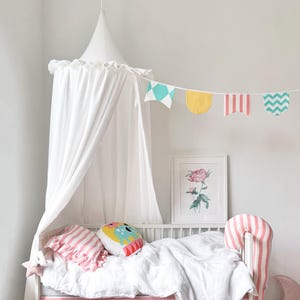 White Muslin Bed Hanging Canopy with Frills, Crib Nursery Ruffled Cotton Baldachin, Kids Room Play Tent, Reading Nook, France cottage decor