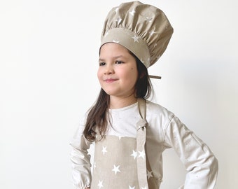 Kids Apron and Chef's Hat Set, Beige White Stars Bib Apron with Pockets, Cotton Pinafore, Cooking, Gardening, Kitchen Play, Toddler Gift