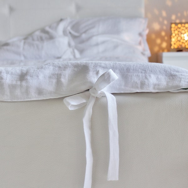 Housse de couette en lin délavé avec liens, Literie en lin lavé, linge de lit sur mesure de style vintage, housse de couette ramollie de couleur unie