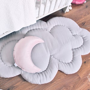 Linen Play Mat, Cloud Shaped Double Sided Padded Playing Rug, Kids Room Quilted Grey Pink Floor Mat, Nursery Playmat, Baby Shower Gift
