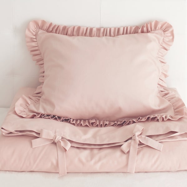 Powder pink cotton bedding set, Ruffle bedding, Pillow case with ruffle, Baby bedding, Kids bedding set, Crib bedding, Toddler bedding