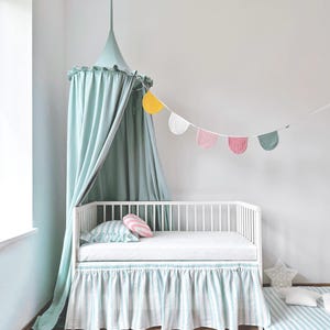 Dusty Mint Double Gauze Canopy with Frills - Green Cotton Crib Ruffled Baldachin