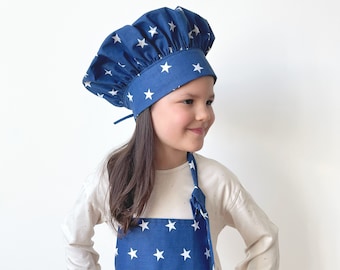 Kids Apron and Chef's Hat Set, Blue White Stars Bib Apron with Pockets, Cotton Pinafore, Cooking, Gardening, Kitchen Play, Toddler Gift