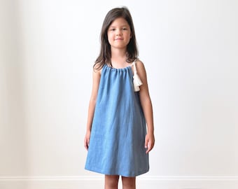 Girls Linen Strappy Dress, Toddler Boho Blue Dress, Flower Girl Mini Sleeveless Dress with Ties, Casual Summer Clothes for Girls, Beach Wear