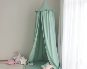 Mint Bed Hanging Canopy with Frills, Premium Cotton Ruffle Crib Baldachin, Kids Room Play Tent, Reading Nook, Pastel Green Nursery Accent