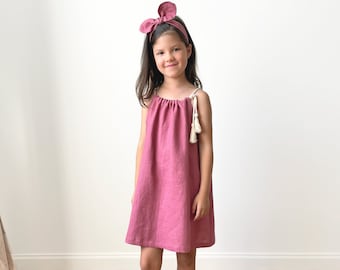 Girls Linen Strappy Dress, Toddler Boho Pink Dress, Flower Girl Mini Sleeveless Dress with Ties, Casual Summer Clothes for Girls, Beach Wear