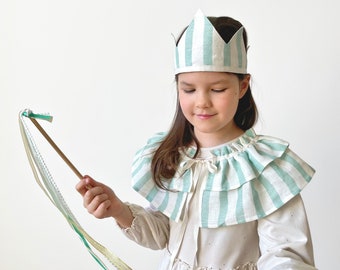 Circus Themed Kids Party Decor, Linen Detachable Collar, Birthday Accessory, Mint White Striped Neck Ruffle, Dress Up, Crown, Ribbon Wand