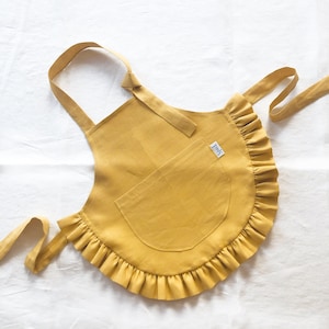 Linen Kids Apron with Ruffle, Mustard Bib Apron with Pocket, Ruffled Yellow Maple Pinafore for Girls, Soft Washed Linen Toddler Apron
