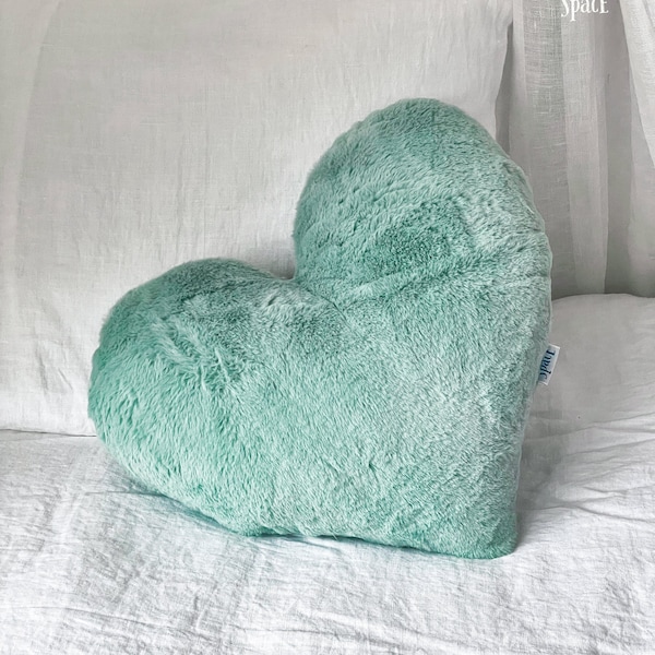 Mint Green Faux Fur Heart Cushion, Fluffy Heart Shaped Decorative Kids Room Pillow, Super Soft Cute Baby Shower Gift, Love Valentine's Decor