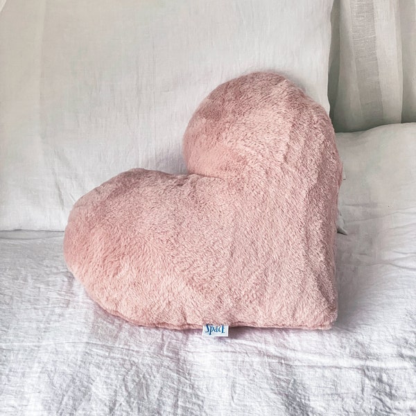 Powder Pink Faux Fur Heart Cushion, Blush Fluffy Heart Shaped Decorative Pillow, Super Soft Cute Baby Shower Gift, Love Valentine's Decor