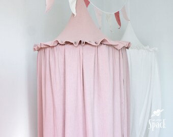 Powder Pink Muslin Bed Hanging Canopy with Frills, Cotton Crib Ruffled Baldachin, Kids Room Play Tent, Reading Nook, Blush Nursery Accent