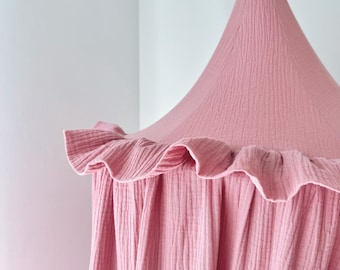 Dosel de doble gasa rosa empolvado – Baldaquín colgante de cama de muselina de algodón con volantes, rincón de lectura