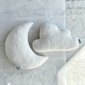 Cream White Boucle Moon Cushion, Ecru Teddy Crescent Moon Shaped Decorative Pillow, Soft Bouclé Baby Gift, Celestial Kids Room Nursery Decor image 1