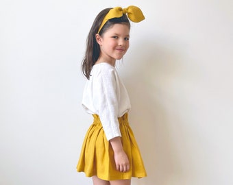 Girls Linen Skirt, Short Ruffled Linen Summer Skirt, Elastic Waist Toddler Skirt, Mustard Skirt with Ruffles, Washed Linen Clothes for Kids