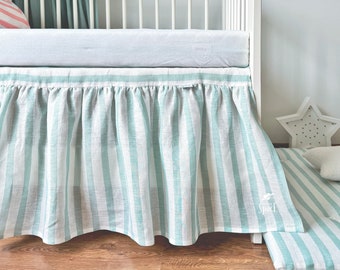Striped Linen Ruffled Bed Skirt - Crib Coverlet with Ruffles, Nursery Bedding with Frills