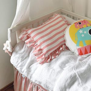 Striped Linen Pillow Case with Ruffles, Ruffled Red White Pillowcase, Vintage Style Pillow Cover with Envelop Closure, Bedding with Frills