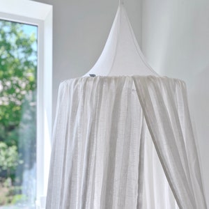 White Striped Linen Bed Hanging Canopy, Kids Room Play Tent, Gender Neutral Crib Baldachin, Nursery Hang Accent, Reading Nook, Bed Curtain
