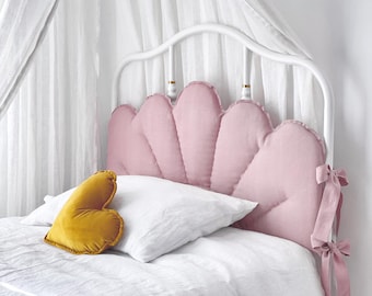 Powder Pink Linen Headboard Cushion with Ties - Blush Padded Pillow, Ikea SAGSTUA Bed