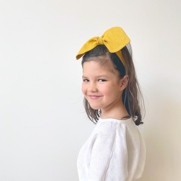 Linen Headband with a Bow, Mustard Linen Hairband, Girls Yellow Top Knot, Toddler Tie Headband, Women's Hair Accessory, Boho Hair Decor