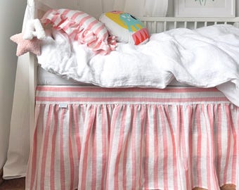 Linen Ruffled Bed Skirt, Striped Cot Bedskirt, Crib Coverlet with Ruffles, Nursery Baby Bedding with Frills