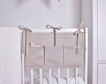 Natural Linen Crib Organizer, Beige Hanging Storage Bag, Padded Cot Organiser, Diapers Storage, Nursery Toy Bag, Linen Bedside Pocket