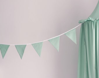 Mint Cotton Flag Garland, Nursery Monochrome Wall Hanging Decor, Triangle Flag Decoration, Pastel Green Pennant Fabric Bunting Banner