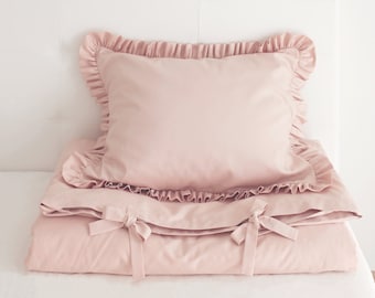 Ensemble de literie en coton rose poudré, Literie à volants, Taie d'oreiller à volants, Literie pour bébé, Ensemble de literie pour enfants, Literie pour berceau, Literie pour tout-petits