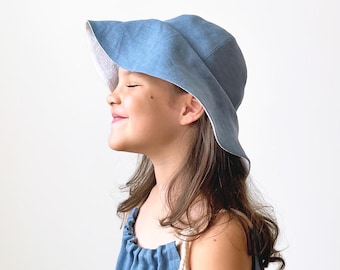 Kids Linen Sun Hat, Blue Wide Brim Bucket Hat, Summer Beach Accessory