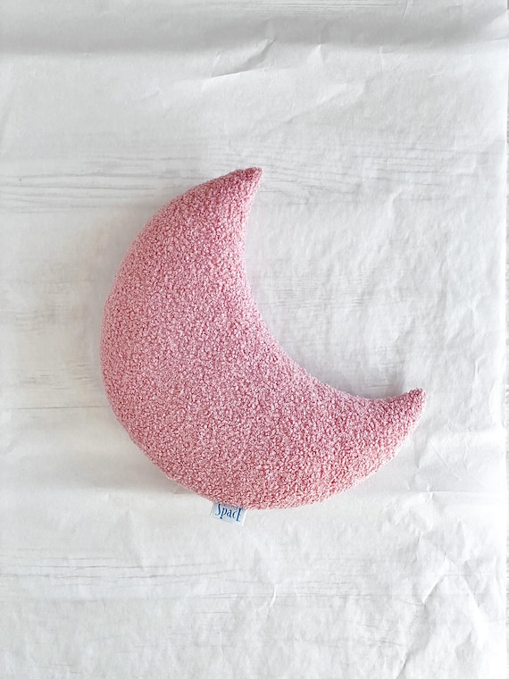 Dusty Pink Boucle Moon Pillow, Crescent Nursery Pillow, Soft Throw Cushion